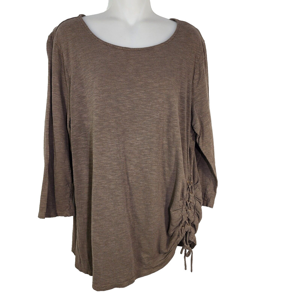 Chicos Womens T Shirt Size 2 US Large Lace Up Ruched Hem Green 3/4 Sleeves Top